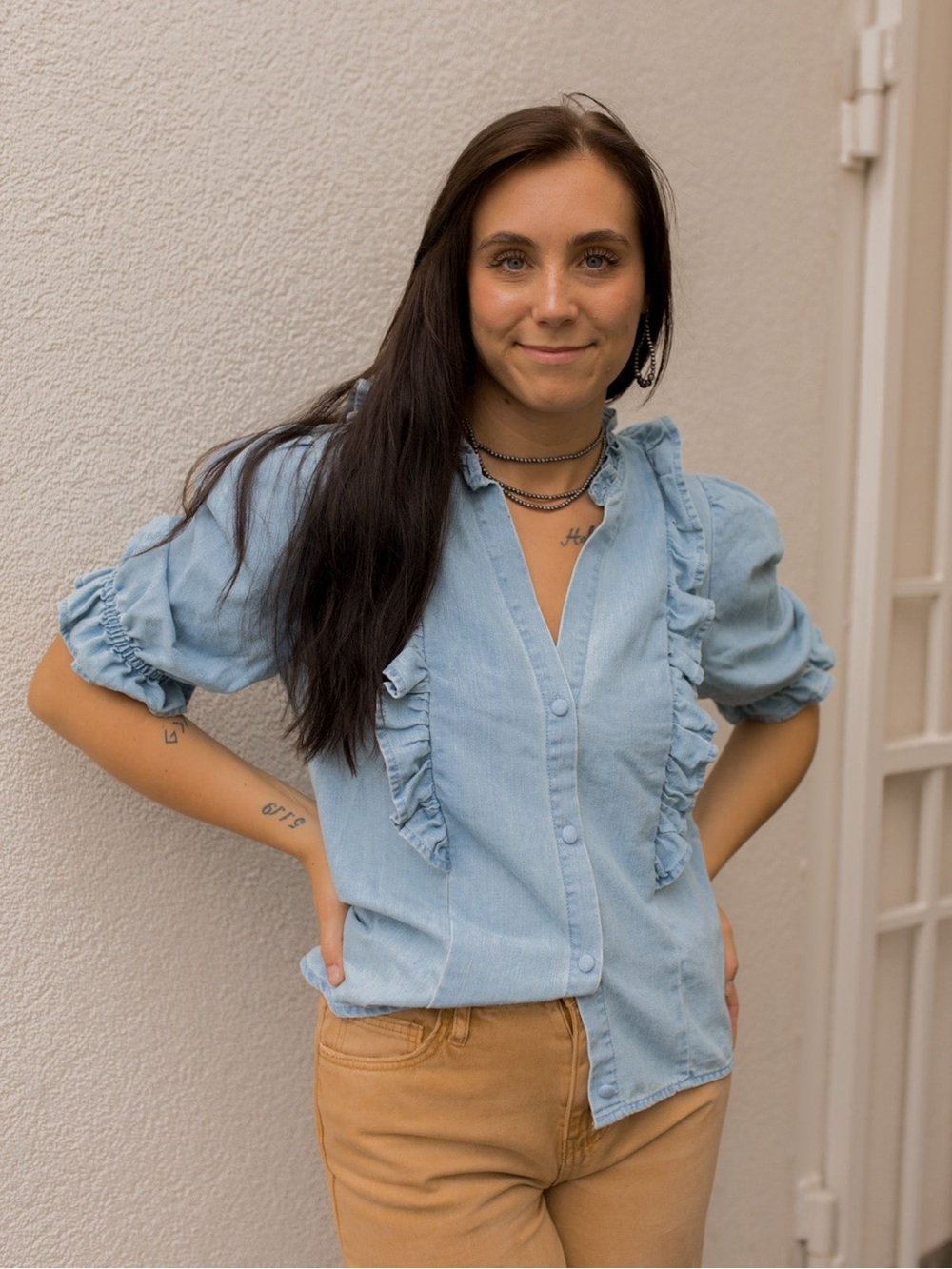 Rockin C’ Denim Button Down Blouse Top with Ruffle Detail